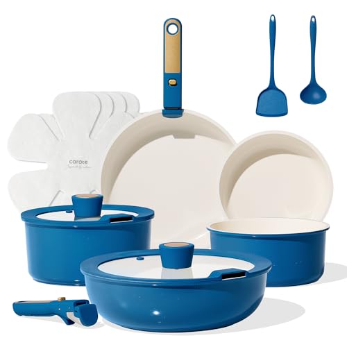 Image of CAROTE 15Pcs Ceramic Cookware Set, Pots and Pans Set Non stick, Non Toxic Cookware Detachable Handle, Induction Cookware, Dishwasher/Oven Safe, RV/Camping, PFAS Free, Blue&Gold
