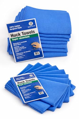 Wayne Solutions LLC Huck Towels Lint Free 100% Cotton Shop Towels Blue Cleaning Cloths 10 Pack.
