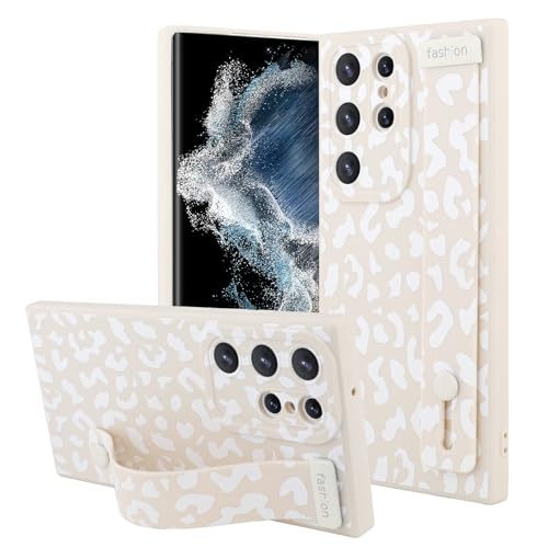 OOK Compatible with Samsung Galaxy S23 Ultra Leopard Case with Wrist Strap, White Leopard TPU Shockproof Protection Slim Cover with Camera Protection for Women Girls