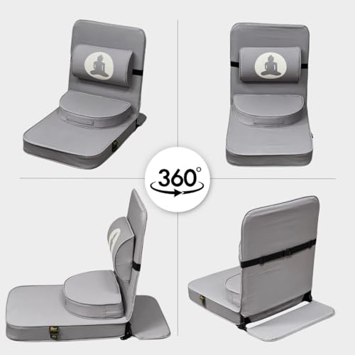 Image of Friends Of Meditation Relaxing Buddha Meditation Chair | Detachable Rectangular Back Support & Zafu Cushion | Portable Folding Chair | with Back Support | Yoga Chairs for Adults | Grey