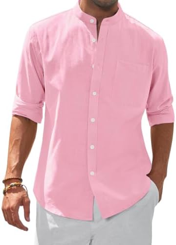 siliteelon Herren Hemd Leinen Strukturiert Langarm Stehkragen Freizeithemd | Regular Fit, Leichte, Sommer, Baumwolle, Button Down, Business, Formell, Party, Beach, Club, Reisen, Ca