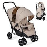 Foldable Twin Stroller, Double Baby Pushchair w/Multi-Level Backrest, Canopy, Handle & Footrest, Safety Belt & Brake System, Travel Tandem Seating Stroller w/Lockable Wheels (Khaki)