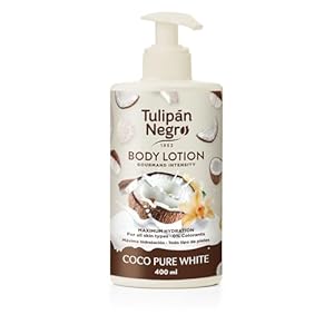 Tulipán Negro Loción Corporal con dosificador Coco Pure White, máxima hidratación 400 ml, intensamente perfumado y para todo tipo de pieles