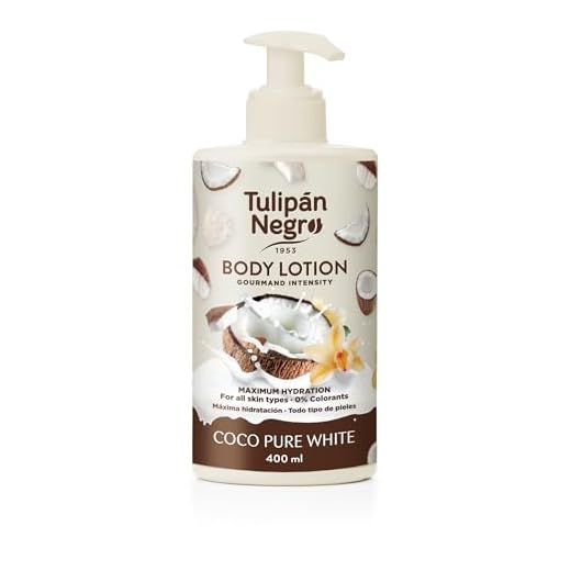 Tulipán Negro Loción Corporal con dosificador Coco Pure White, máxima hidratación 400 ml, intensamente perfumado y para todo tipo de pieles