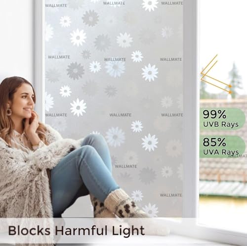 Image of WALLMATE Window Privacy Film Frosted Vinyl Glass Covering, UV Blocking, Non-Adhesive, No-Glue, for Bathroom Living Room Office,(12x36 Inch, Sun Flower)