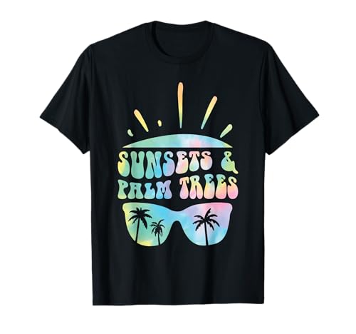 Retro Sunsets and Palm Trees Glasses Summer Beach Groovy 90s T-Shirt