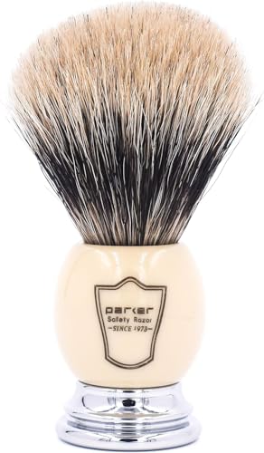 Image of Parker Pure Badger Shaving Brush with Faux Ivory & Chrome Handle + Stand | 22mm Knot for Rich Lather | Handcrafted Shaving Tool for Cream or Soap | Classic Wet Shaving Brush | Iconic Brand