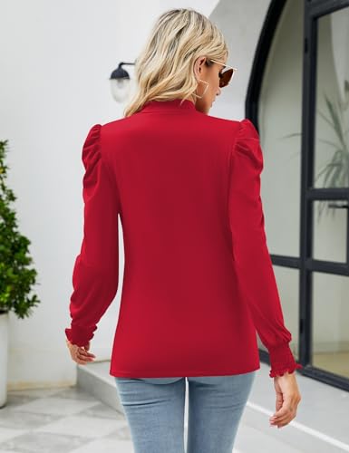 Image of LUYAA Puff Long Sleeve Shirts for Women Tops Dressy Casual Frill Mock Neck Smocked Cuffs Blouses