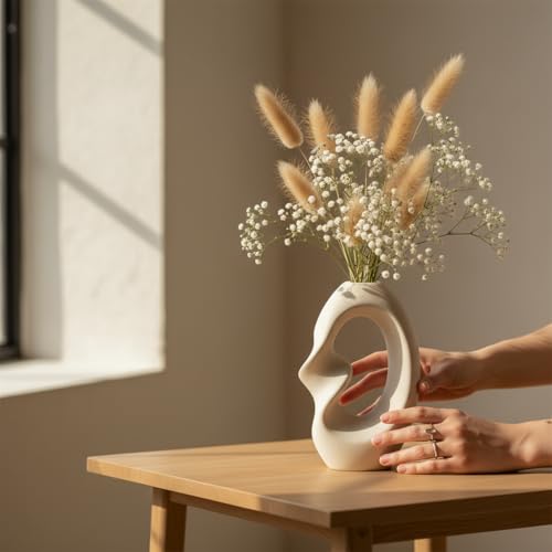 Image of PUREZENTO Unique Twister White Ceramic Donut Vase 8.5 Inches - Pack of 1 | Decorative Donut Vase for Dried Flowers & Pampas Grass | Vases for Modern Home Decor, Living Room, Office Decor Ideas
