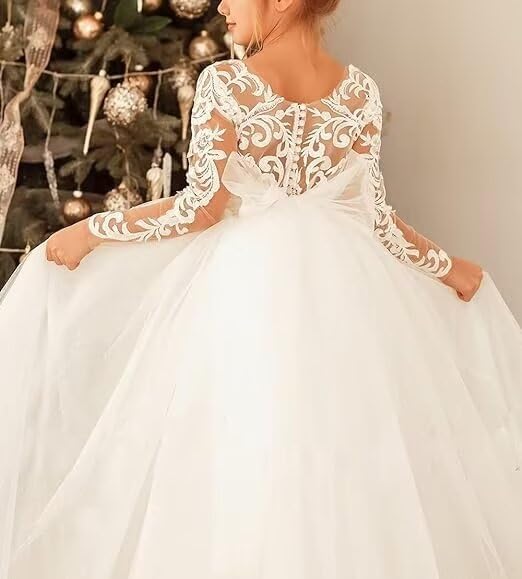Flower Girl Dress Long Sleeves Tulle First Communion Pageant Dresses for Girls Lace Applique Birthday Party Prom Ball Gowns3
