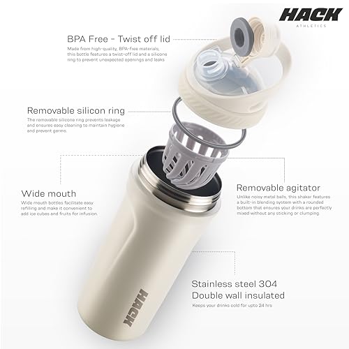 Image of Hack Athletics Premium Stainless Steel Insulated Shaker Bottles for Gym, Protein Shaker, Pre Workout Bottle, Water Bottle for Men and Women, BPA Free Material 100% Leakproof | 709ML (White)