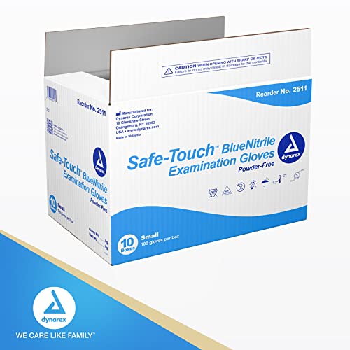 Dynarex Safe-Touch Disposable Nitrile Exam Gloves, Powder-Free, Latex-Free, Touchscreen Friendly & Used By Professionals, Blue, Small,1 Case - 10 Boxes Of 100 Safe-Touch Disposable Nitrile Exam Gloves #TOP6