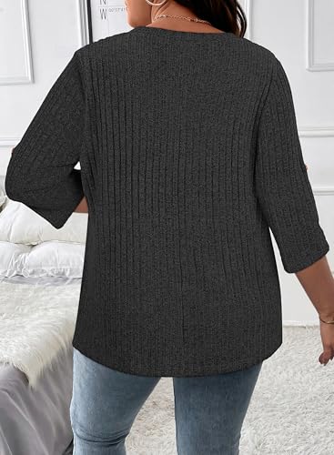 Image of Koscacy Women Plus Size V Neck 3 /4 Roll Sleeve Sweater Casual Knit Tops Solid Color Blouses