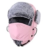 Connectyle Winter Trapper Hat for Women - Faux Fur Earflap With Face Mask, Trooper Ushanka for Cold Weather - Pink