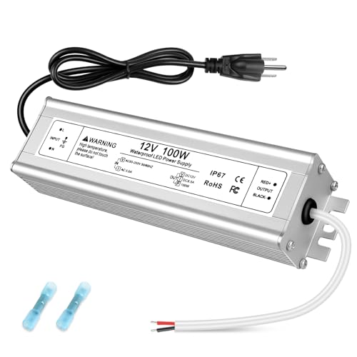 Image of 12V 100W LED Power Supply, IP67 Waterproof LED Driver, AC 110V to DC 12 Volt 8.5A Low Voltage Transformer Converter for Outdoor LED Strip & Landscape Lighting, 3-Prong Plug with 3.3FT Cable