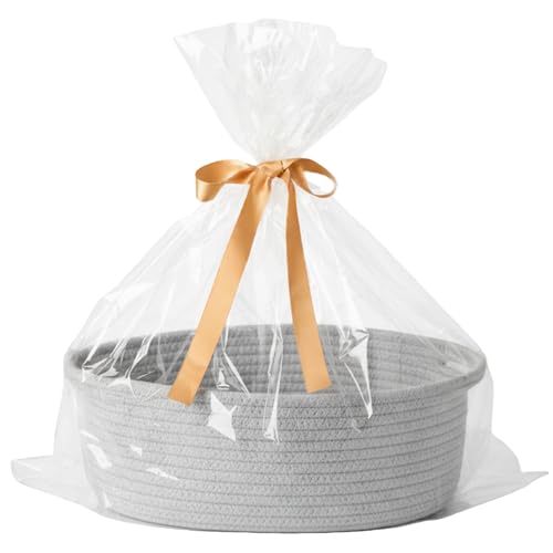 Image of 2-Pack Small Woven Gift Baskets Empty with Bags & Ribbons, Storage Basket for Father's Day for Dad, Baby Shower, Raffle, Birthday, Cute Organizer with Handles, 12 inchx8 inchx5 inch, Gray
