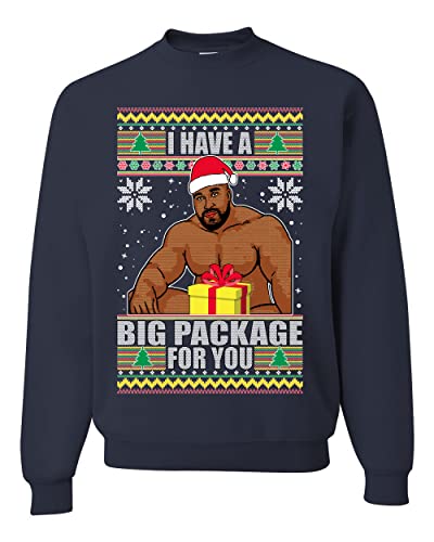 Wild Bobby I Have A Big Package Meme Ugly Christmas Sweater Unisex Crewneck Graphic Sweatshirt, Navy, 3X-Large