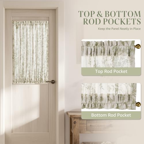 Image of jinchan Alice Floral French Door Curtain Farmhouse Linen for Sliding Glass Door 40 Inches 1 Panel with Tieback Light Filtering Curtain for Window Patio Rod Pocket Green on Linen