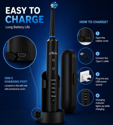 Image of Abelia Rotating Electric Toothbrush for Adults | Rechargeable Oscillating Brush | 8 Round Heads, 5 Modes, 3 Intensity Levels, 2 Min Timer | Waterproof | 2-Year Warranty | Black