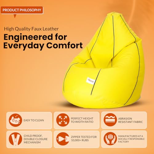 Image of Sattva Classic Piping XXXL Bean Bag with Pocket Filled with Beans | Faux Leather Teardrop Bean Bag for Adults & Teens | Pre-Filled Comfortable Seating for Home, Bedroom - Yellow with Navy Blue Piping