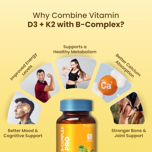 - B-Complex Pro with Vitamin D3 & K2-7 | Vitamin B-Complex With B1, B2, B3, B5, B6, B9 & Vit B12 | Plant-Based Supplement | Supports Energy & Immunity For Men and Women | 60 Veg Capsules