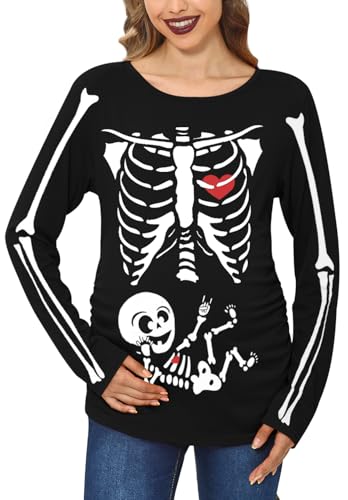 For G and PL Disfraz de Halloween para mujer, cuello redondo, manga larga, para embarazo, esqueleto, calabaza, camiseta de maternidad, tallas S-XXL, Skeleton Baby, M
