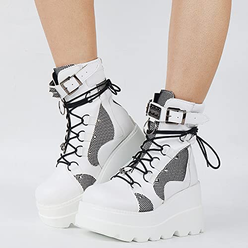 Tscoyuki Platform Ankle Boots for Women Chunky High Heel Booties Goth Round Toe Combat Boots Women Lace Up Motorcycle Wedges