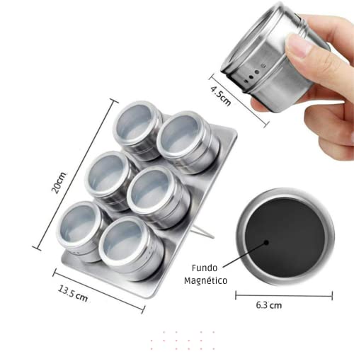 Porta Condimentos Têmperos Inox 6 unidades + Suporte