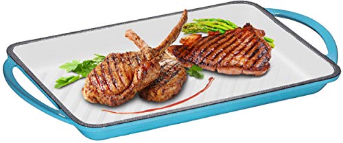 Enameled Cast-Iron Rectangular Grill Pan with Ridges Oven Safe Non-Stick Coating Loop Handles 95 x 135 Enameled Blue