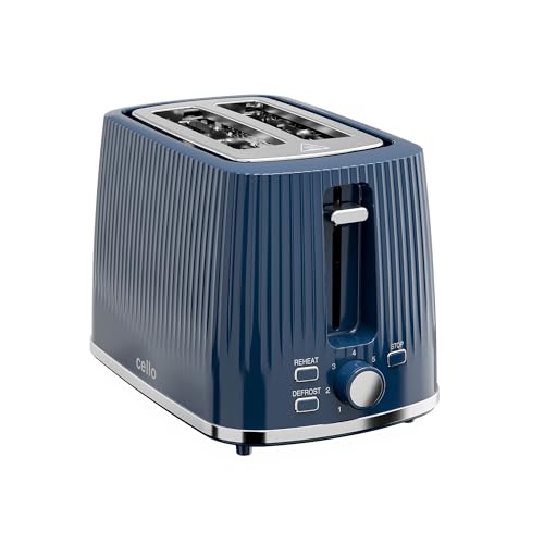 Cello TR191-BL Blue 2 Slice Toaster with Textured Design, Wide Slots, 850W Power, 7 Browning Levels, Cancel Reheat Defrost, High Lift, Crumb Tray, Cord Storage, Illuminated Controls