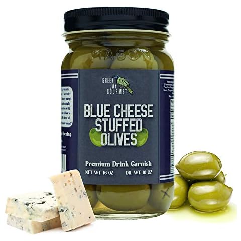 Green Jay Gourmet Blue Cheese Stuffed Olives – Cheese Stuffed Green Olives for Cocktail Garnish & Cheese Board – Dirty Martini Olives – Gourmet Olives – All Natural – Large – 16 Ounces Cover