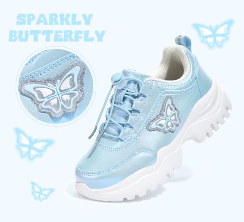 LUCKY STEP Kids Chunky Sneakers Fashion Platform Walking Tennis Shoe Sparkly Butterfly Faux Leather Elastic No-tie Laces School Shoes for Girls Boys4