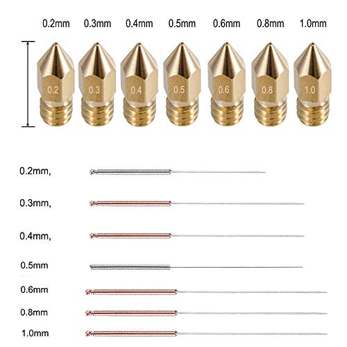 22Pcs 3D Printer Nozzles,Mk8 Brass Extruder Nozzle Print Head And 7Pcs Cleaning Needles For 1.75Mm Makerbot Creality Cr-10 Anet A8 Cr-10 M6 3D Printer. (0.2Mm,0.3Mm,0.4Mm,0.5Mm,0.6Mm,0.8Mm,1.0Mm) #TOP1