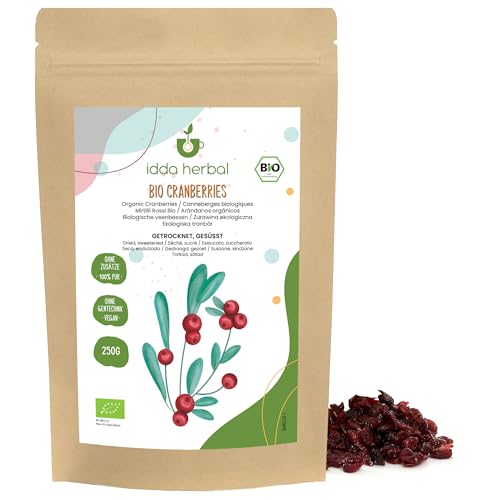 IDDA Herbal - IDDA Herbal Cranberries Séchées BIO 250g, Canneberges Entières Biologiques, Sucrées au Jus de Fruits