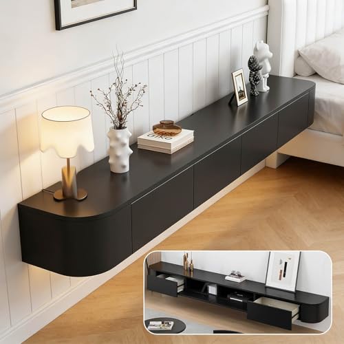 Console multimédia moderne suspendue noire de 140 cm avec porte de salon