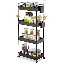 Ronlap Carro de Almacenamiento Delgado, Organizador de Almacenamiento con Carro Rodante de 4 Niveles, Carro de Almacenamiento con Ruedas, con Cesta, separadores, Negro