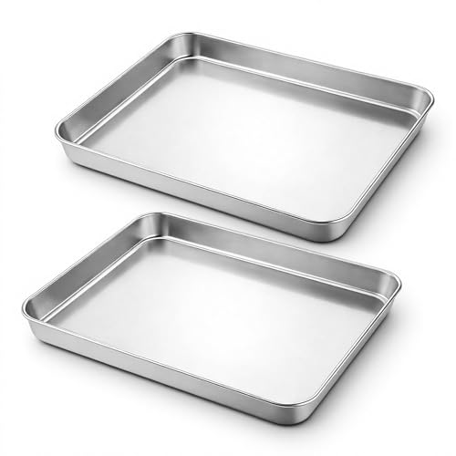 Oqqlin 2 Pcs Toaster Oven Pans for Baking, 11 x 9.2 x 1 Inch Stainless Steel Baking Sheet Non Stick Rectangular Cookie Sheets Set Dishwasher Safe for Chicken, Fish, Bread