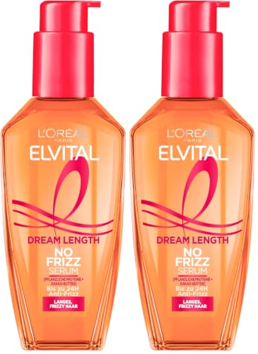 L'Oréal Paris Elvital Hair Serum without Silicones, Heat Protection for Long, Unruly Hair, No Rinse, Hair Oil with Vegetable Proteins and Cocoa Butter, Dream Length No Frizz Serum, 1 x 100 ml