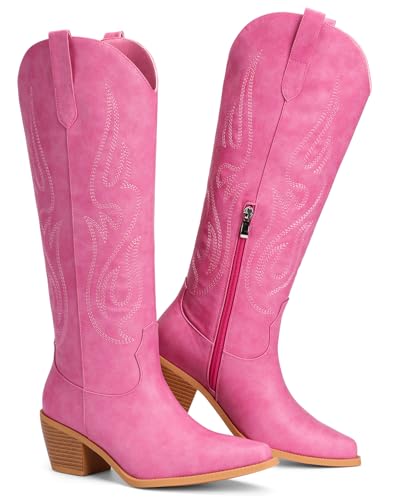 Image of Pasuot Western Cowboy Boots for Women - Knee High Wide Calf Cowgirl Boots, Slip On Pointed Toe Chunky Heel Fashion Retro Classic Pull On Tall Boot for ladies Party concert