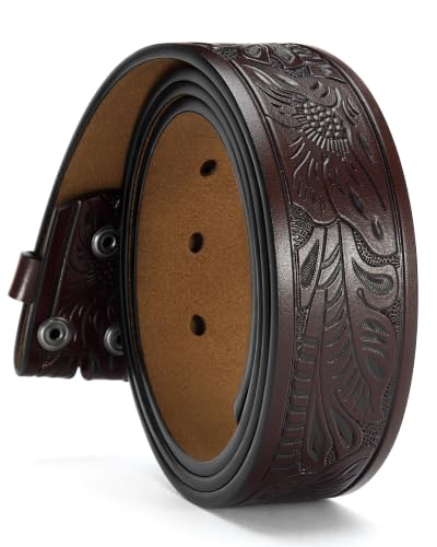 Image of CHAOREN Western Belts for Men without Buckle, 1.5 inch Full Grain Leather Strap | Cowboy Country Mexican Style, Tooled & Smooth, Secure Snap Design, Interchangeable Buckle, Gift Box