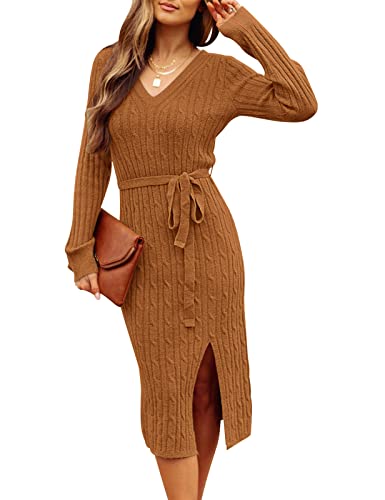 MEROKEETY Damen V Ausschnitt Zopfstrick Pulloverkleid Langarm Bodycon Schlitz Pullover Midikleid mit Gürtel, Caramel, Groß