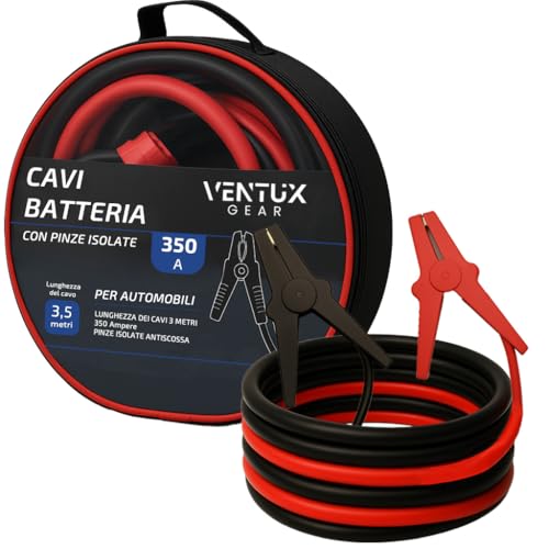 Cavi di avviamento batteria auto professionali || 350A - 3.5mt.|| Realizzati con rame puro e rivestiti in PVC resistente agli agenti atmosferici || Pinze isolate e protezione polarità inversa.