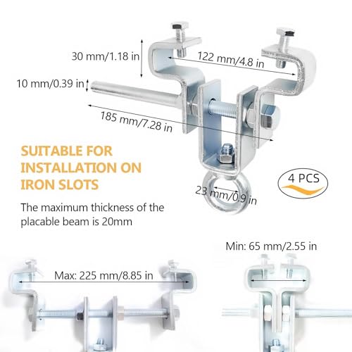 4 Stück Verstellbare Stahlträger Befestigung, Kranhaken, Trägerklemme für Schwere Säcke Hält 204KG - Einstellbar von 65 mm bis 225 mm, für Vielseitige Anwendungen - Robust und Einfach zu Bedienen