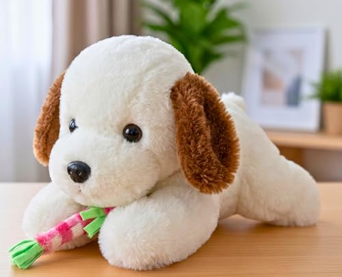 Image of Tickles Laying Puppy Dog with Muffler Soft Stuffed Plush Animal Toy for Kids (Color: Brown & White Size: 45 cm)