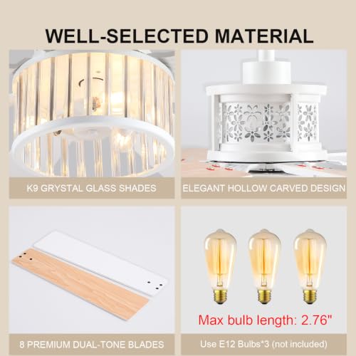 Image of NKPU 52 inch Farmhouse Crystal Ceiling Fans with Lights and Remote, Chandelier Industrial Ceiling Fan with Dual 8 Blades, 6 Speed Reversible Motor, Timing, White Ceiling Fan for Living room, Bedroom