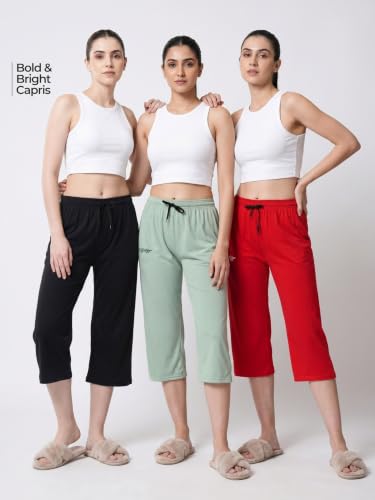 Image of Fflirtygo Women's Cotton Plain Calf Length Capri | Nightwear Pajama | 3 /4th Solid Pyjama Pant | Black Navy and Lavender Lounge Pants | Casual wear & Lounge Wear Capri Combo (Pack of 3)