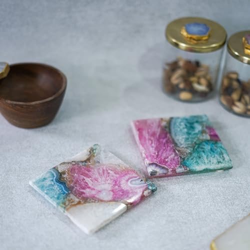 Image of Crystal Agate Stone Coaster Set of 2 Square Table Coaster for Bar Beer Coffee Tea Drinking Coasters for Dining Table Hot Pots -Multicolor