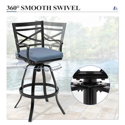 Crestlive Products Heavy Duty Cast Aluminum Outdoor Swivel Bar Stools with Sunbrella Cushion, Patio Bar Height Chair Set of 2, All Weather Black Finish, Outside, Indoor, Commercial Grade(Denim Blue)