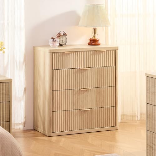 Image of LEYAOYAO Fluted 5 Drawers Dresser for Bedroom Set of 2, 34 inch Tall Modern Chest of Drawers with Metal Handle, Curved Profile Design,Natural Wood Drawer Organizer for Bedroom,Living Room,Hallway,Natural