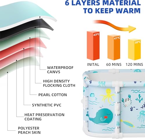 Portable Bathtub, 47“ Foldable Bathtub-Installation Free, 7 Layers Thicken Bathtub with Metal Support, Therapy Tub for Shower Stall Fold Up Soaking Bath Tub, Hot SPA, Ice Bath Tub (Wonder Ocean D1)